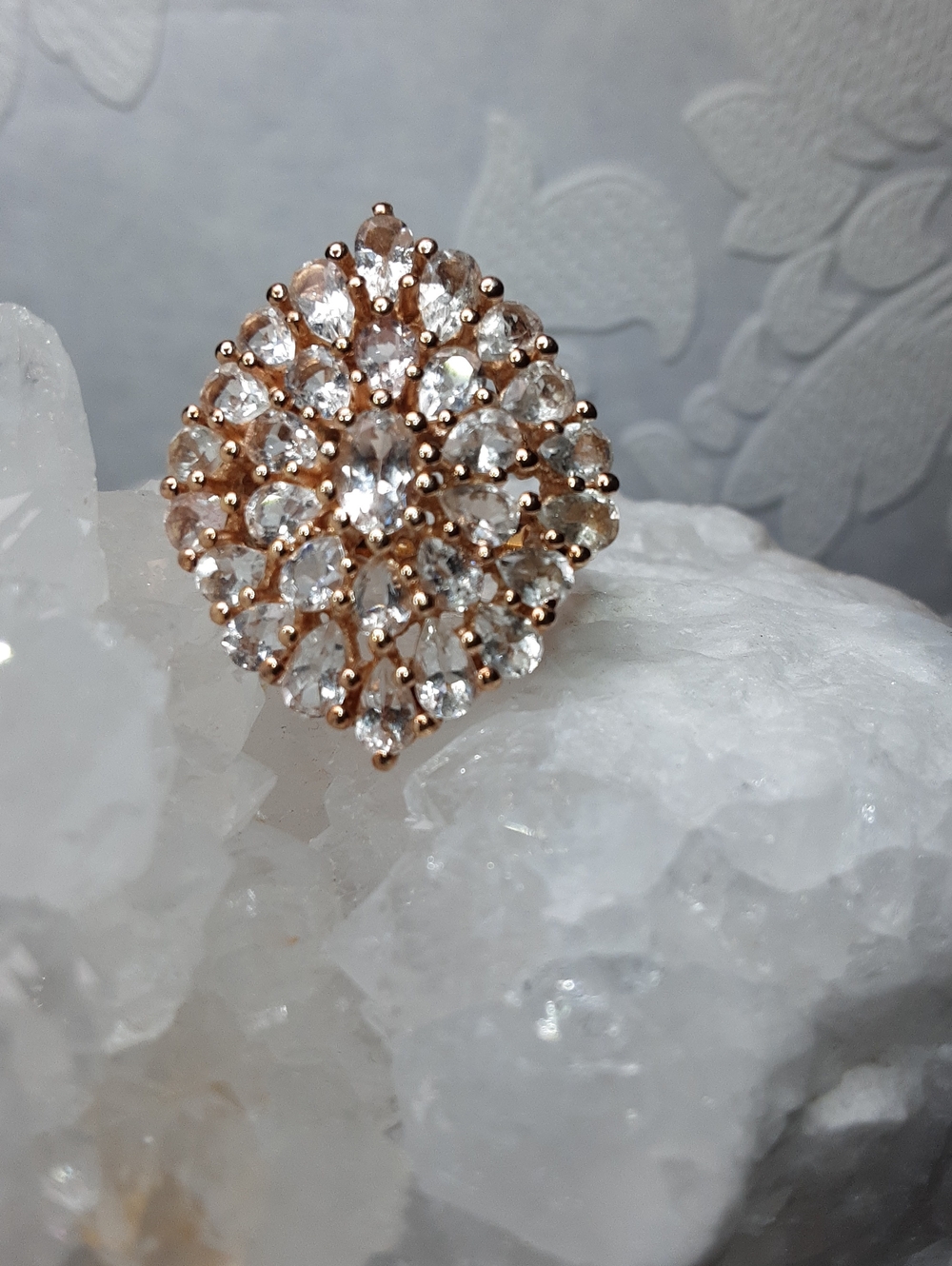 925 Morganite Blod Cluster Ring. Rose Gold Over 925.